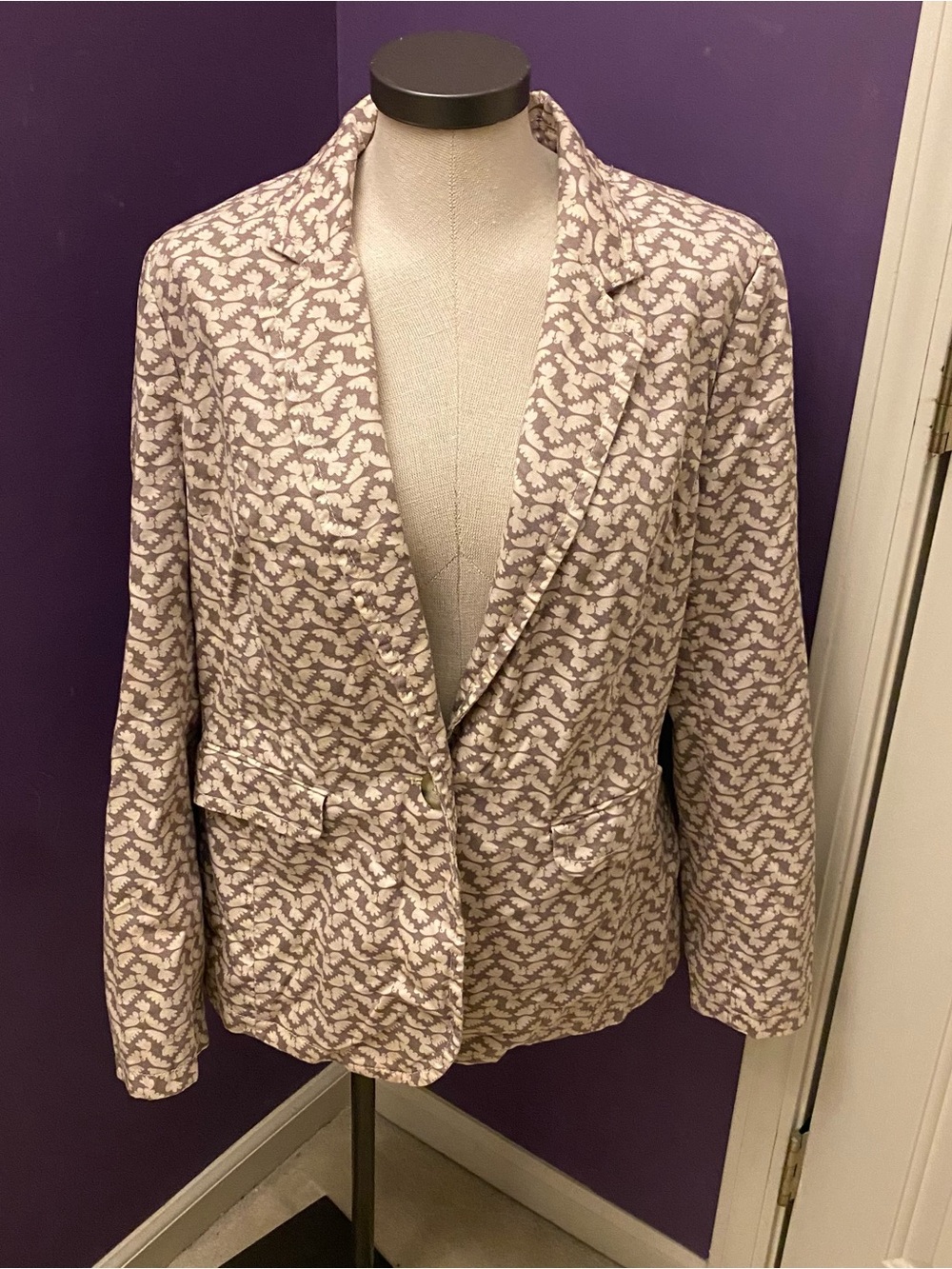 Boden Dove Bird Print Cotton Canvas Blazer Jacket Size 12R Cotton Taupe Ivory